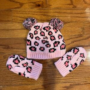 Charming Pink Leopard Kids Hat and Mittens Set